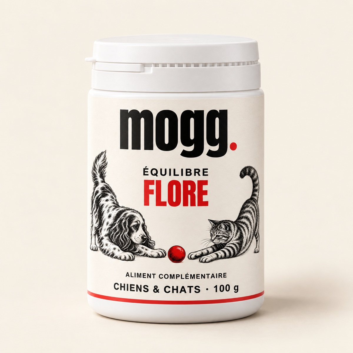 MOGG Équilibre Flore, pot blanc de 100 g avec bouchon blanc et étiquette illustrée chien et chat
