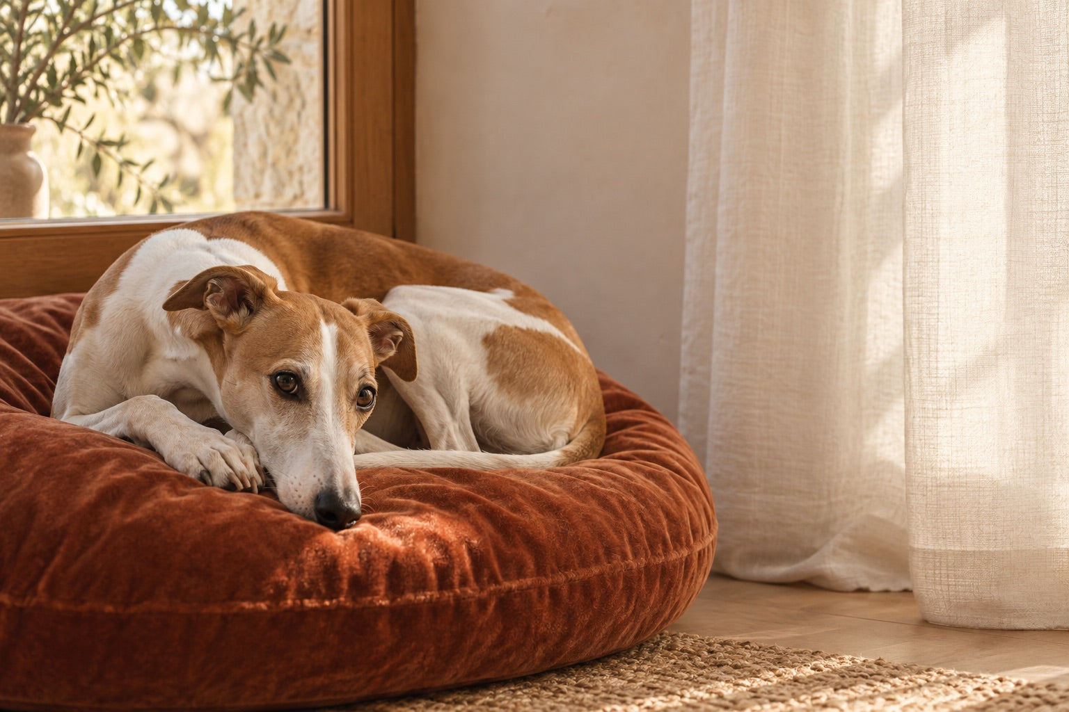 Un lévrier se repose sur son coussin près de la fenêtre