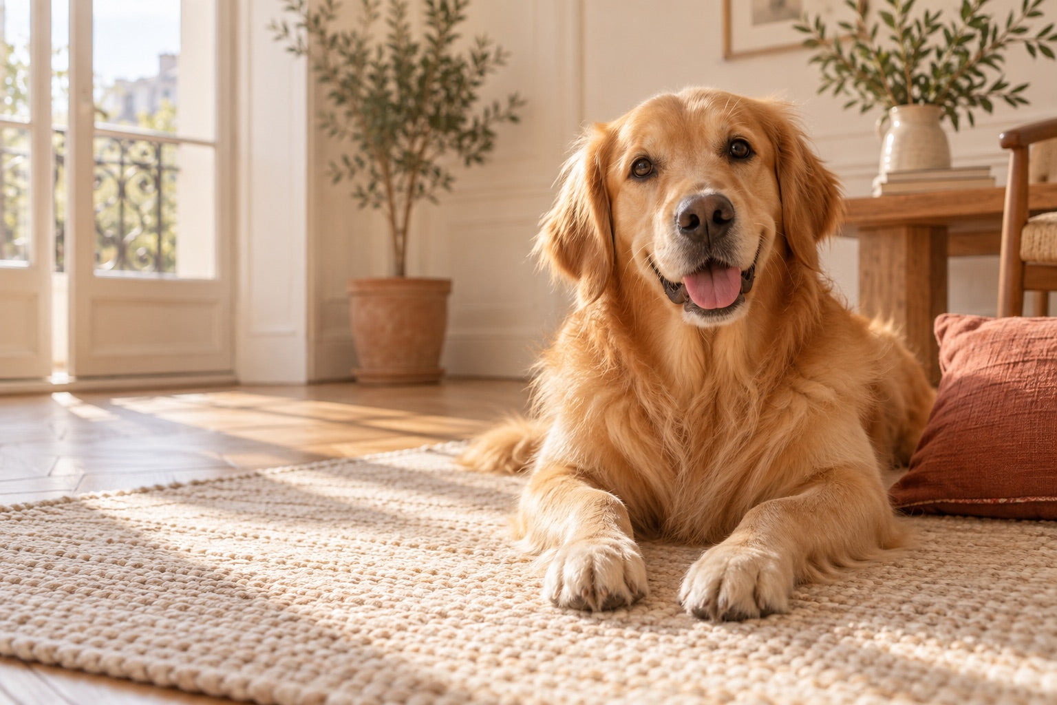Un golden retriever détendu dans une maison lumineuse