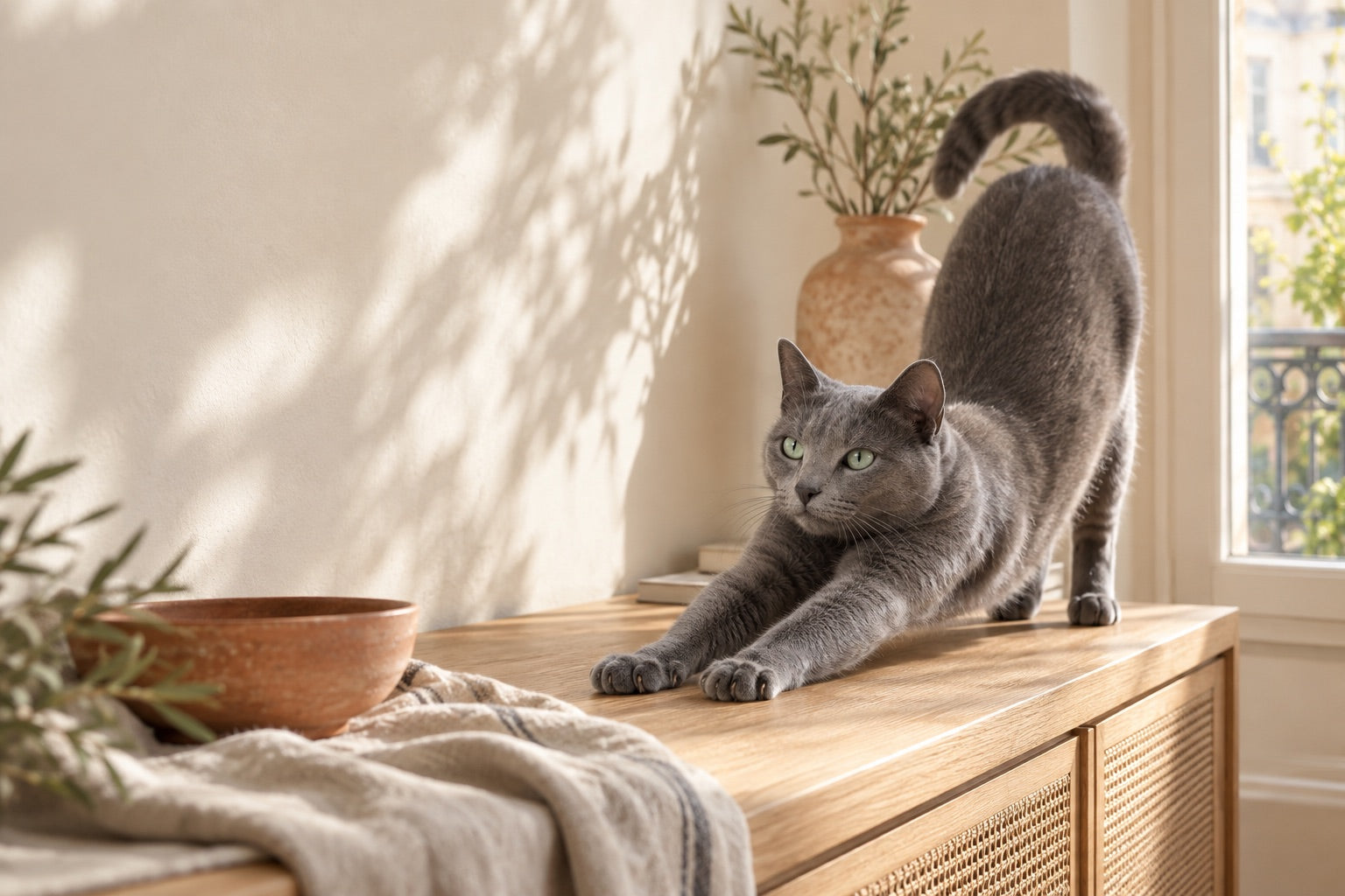 Un chat gris s’étire au soleil, à la maison