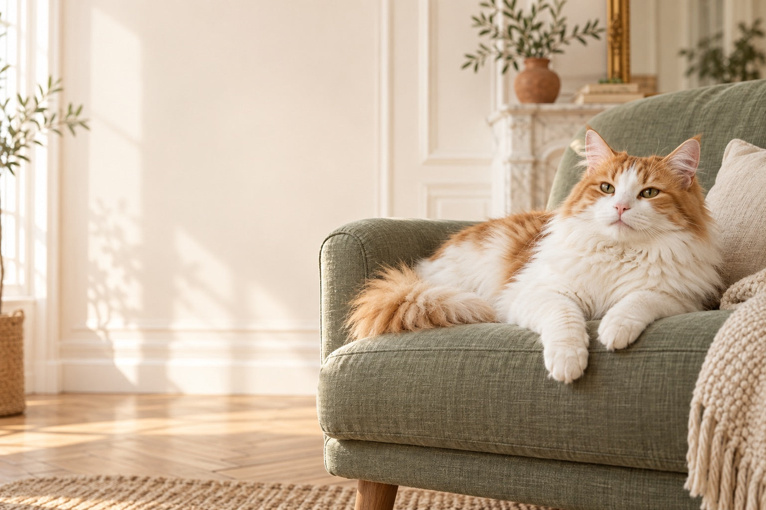 Un chat confortablement installé dans un fauteuil vert sauge